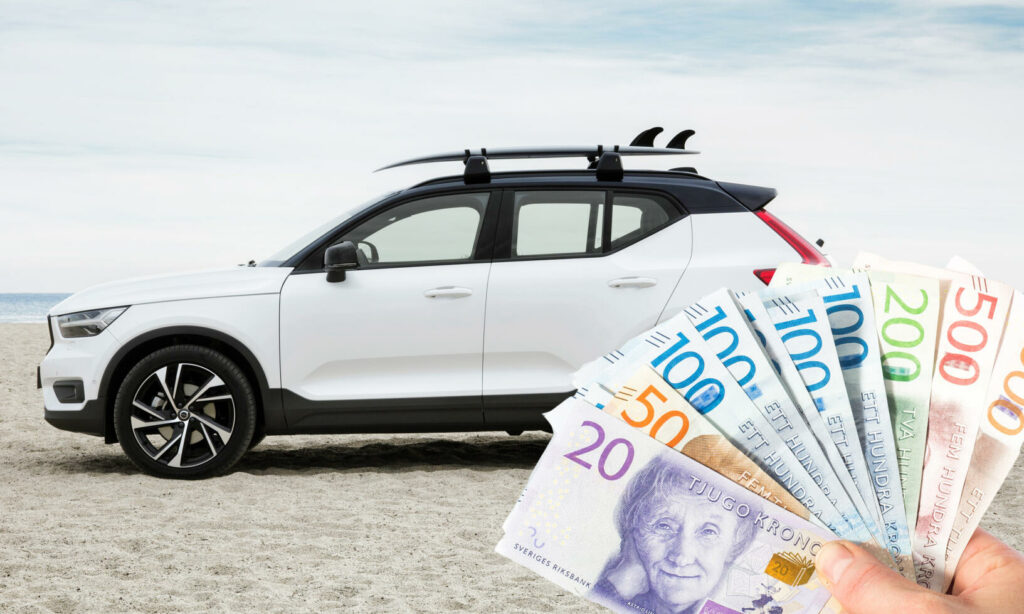 En person håller pengar på stranden. (AI text)