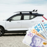 En person håller pengar på stranden. (AI text)