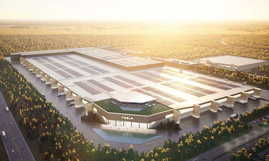 En visualisering av den nya Tesla-fabriken i Shanghai. (AI text)