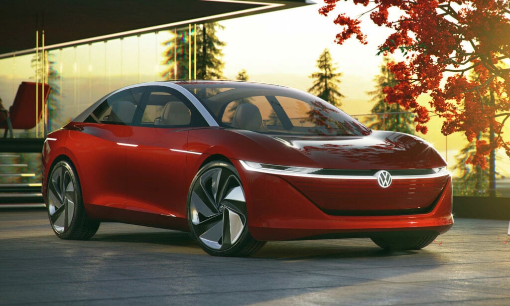 Volkswagen e-tron parkerad framför ett hus. (AI text)