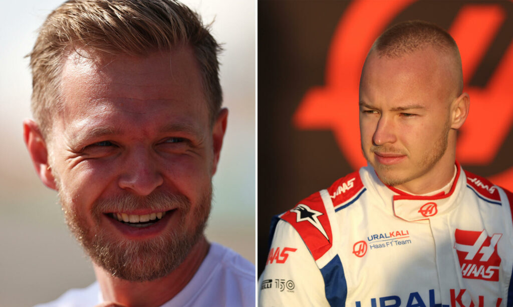 Dansken Kevin Magnussen (t v) ersätter den petade ryssen Nikita Mazepin (t h) hos Haas F1 Team.
