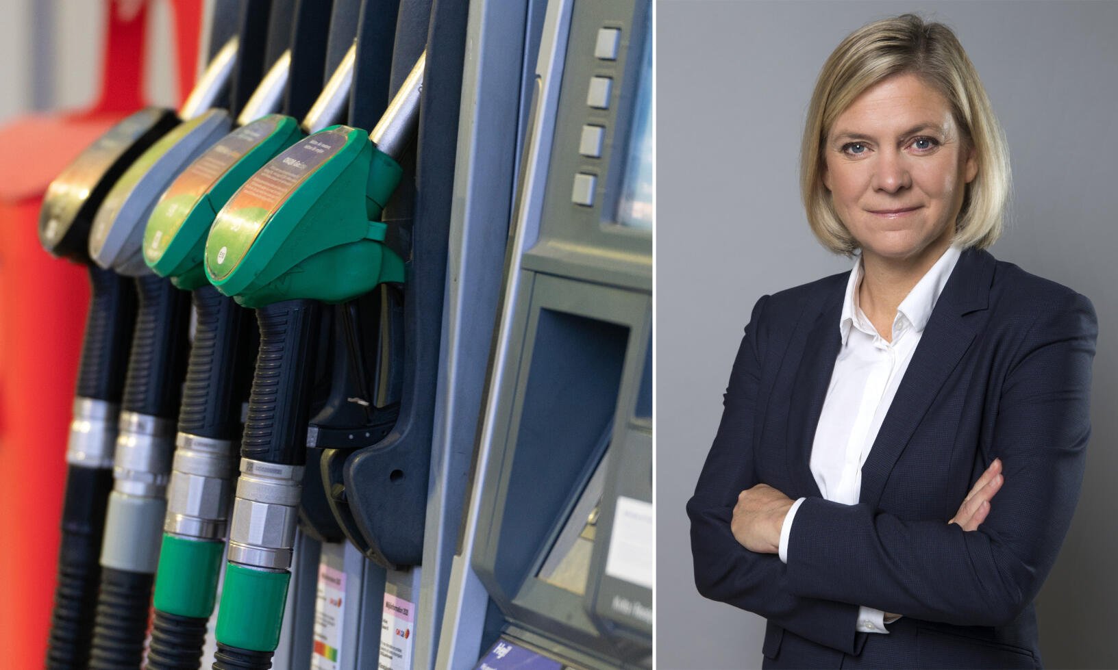 En kvinna i kostym står bredvid en bensinpump. (AI text)