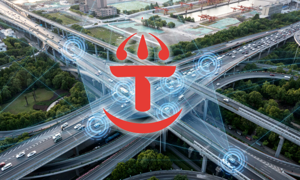 En stadsskylt med en trafikljus och en bil. (AI text)