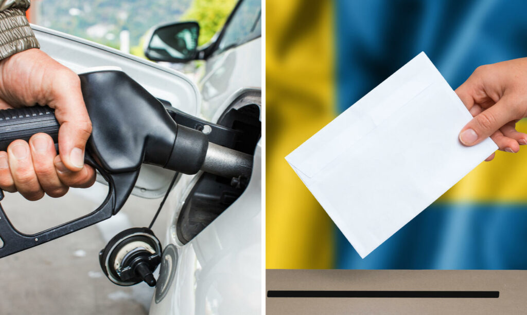 En man tankar upp sin bil med bränsle och en kvinna röstar. (AI text)