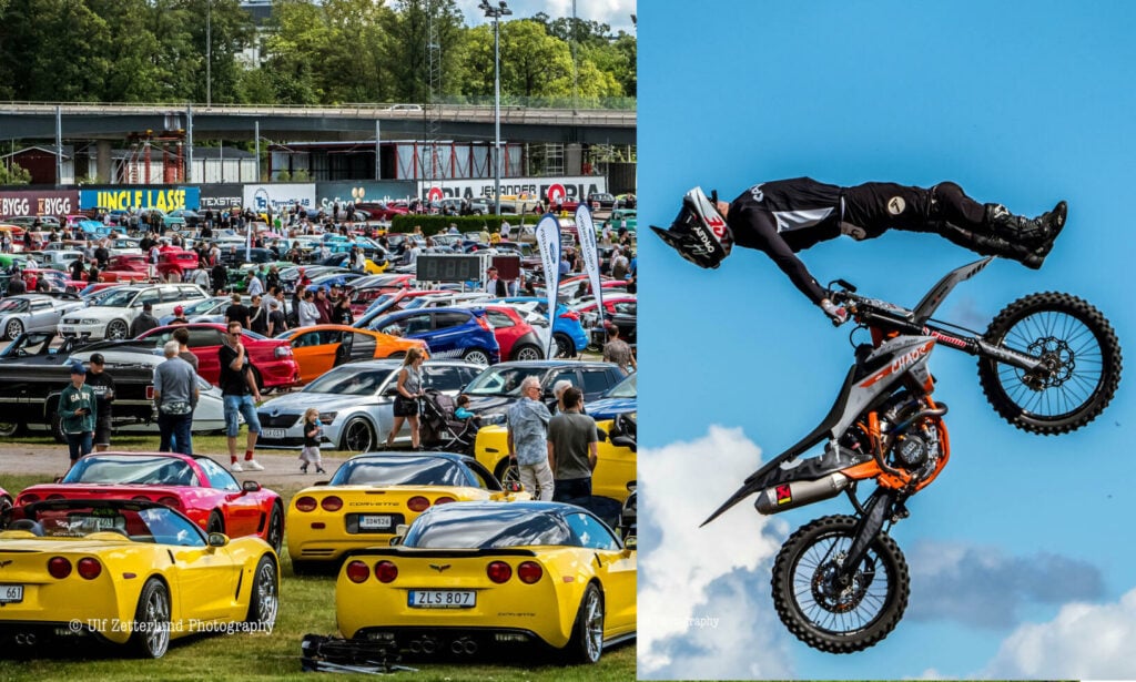 En man utför trick på en terrängcykel framför en bil. (AI text)