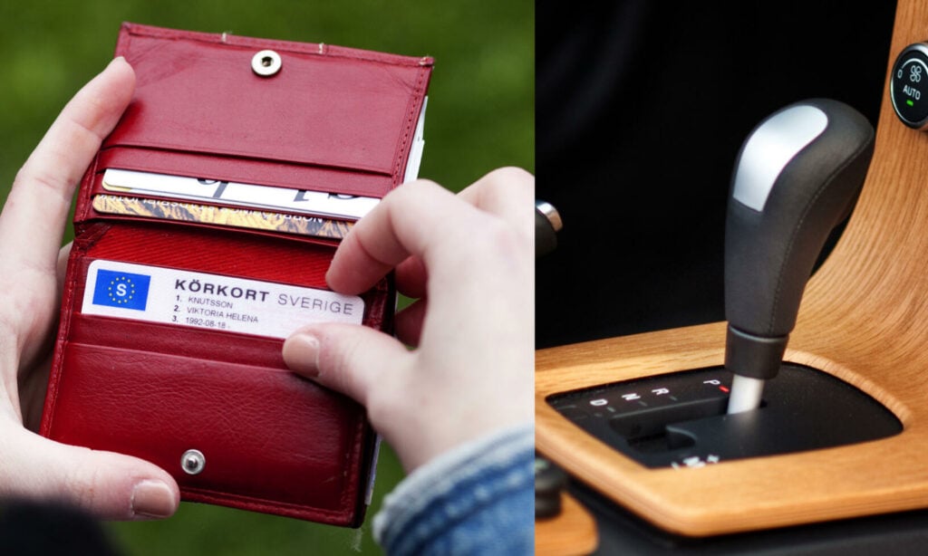 En person kör en bil med en väska i rattväxeln. (AI text)