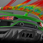 En grön Lamborghini Huracán med eldar som sprider sig från bilen. (AI text)