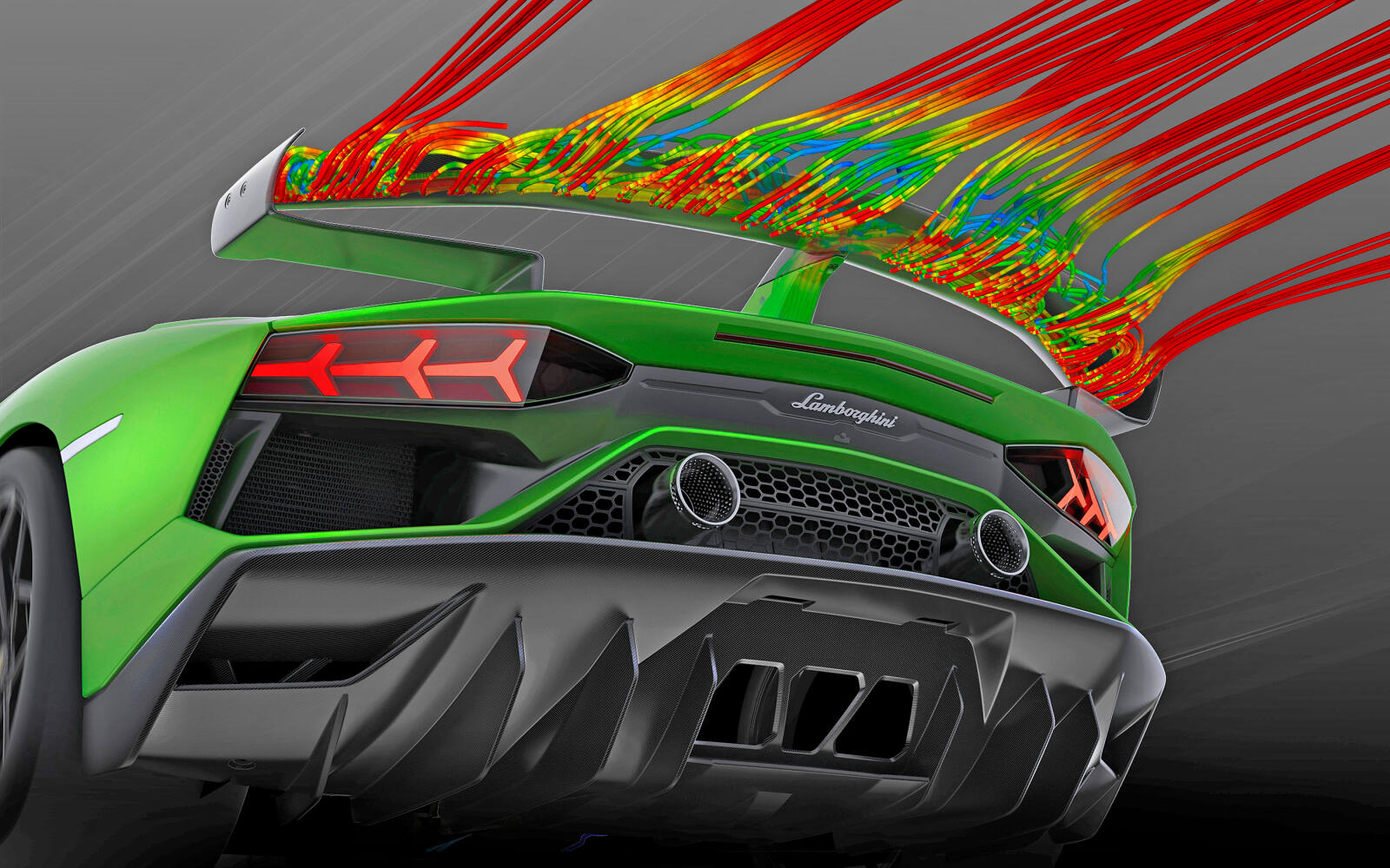 En grön Lamborghini Huracán med eldar som sprider sig från bilen. (AI text)