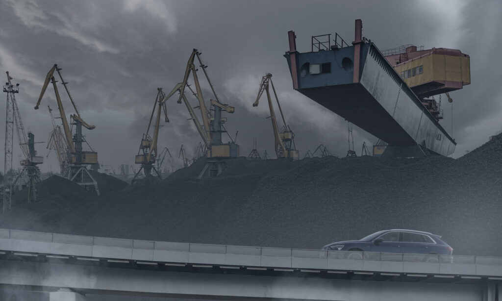 En bil kör över en gruvgata. (AI text)