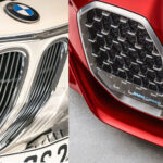 Den jättelika dubbelnjuren är inget nytt. Den fanns nämligen redan 1965 och prydde då fronten på 2000 CS. Höger: Det nya designspråket – en gigantisk grill möter smala strålkastare.