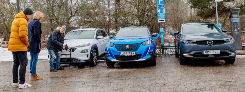 Våra tre små elsuvar: Hyundai Kona Electric, Peugeot e-2008 och Mazda MX-30. Hur långt kommer de?