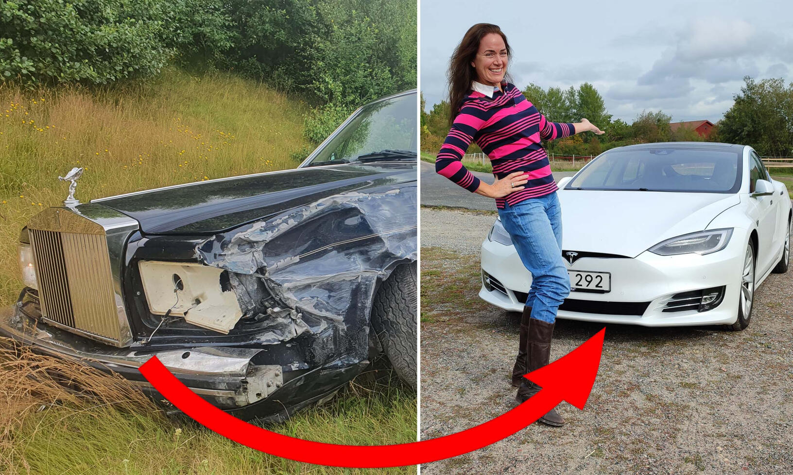 En kvinna poserar bredvid en bil som har skadats. (AI text)