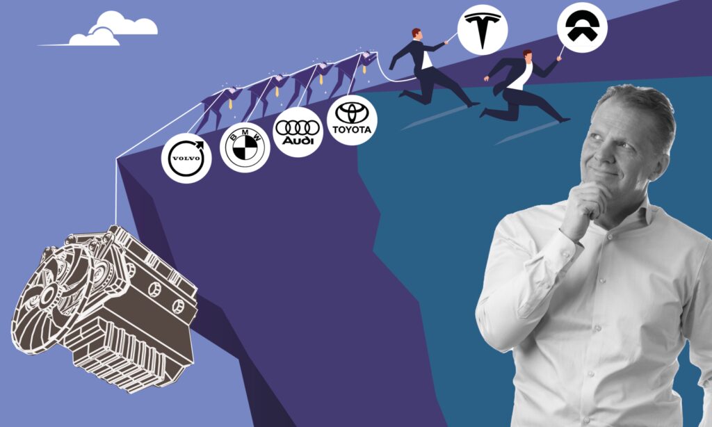 En man klättrar upp på en klippa med en bil på sin rygg. (AI text)