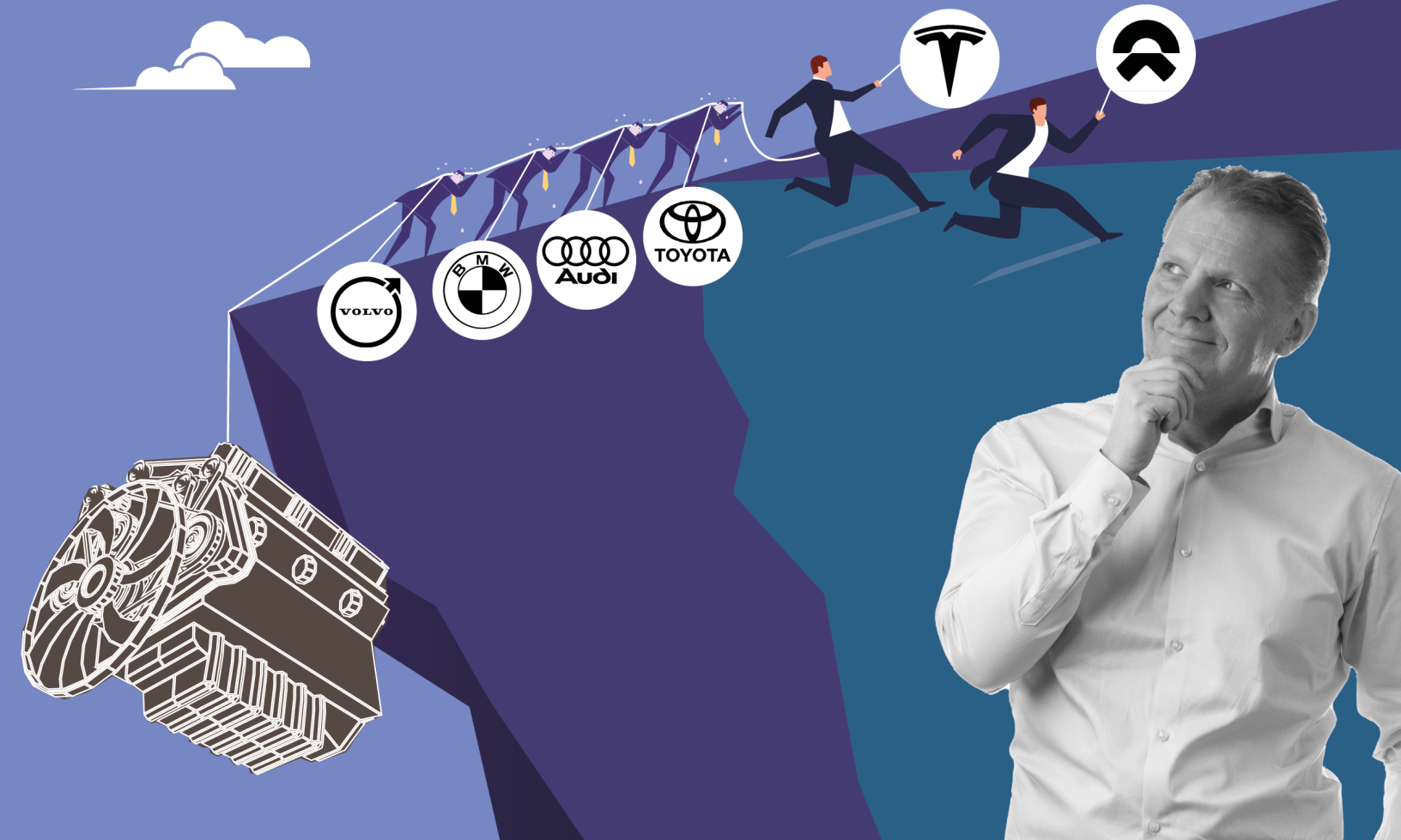 En man klättrar upp på en klippa med en bil på sin rygg. (AI text)