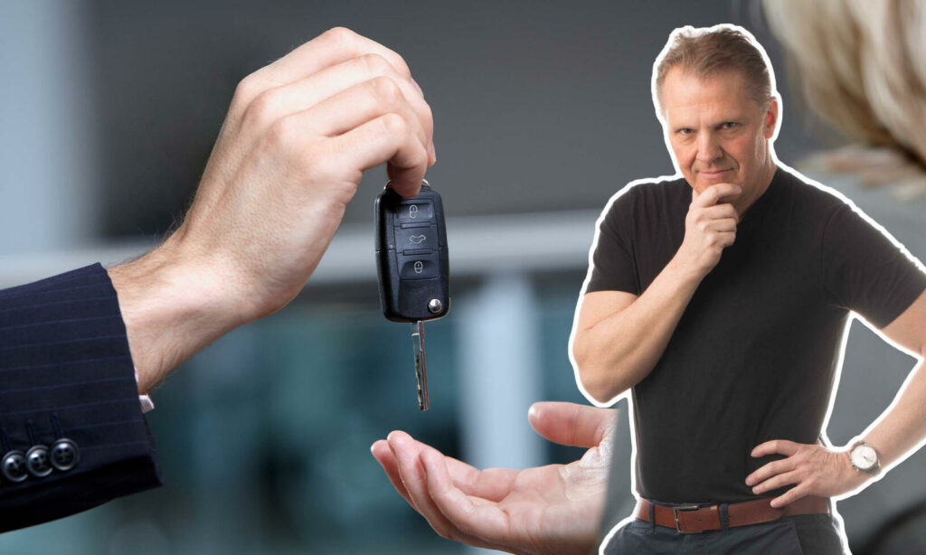 En man ger en kvinna en bilnyckel. (AI text)