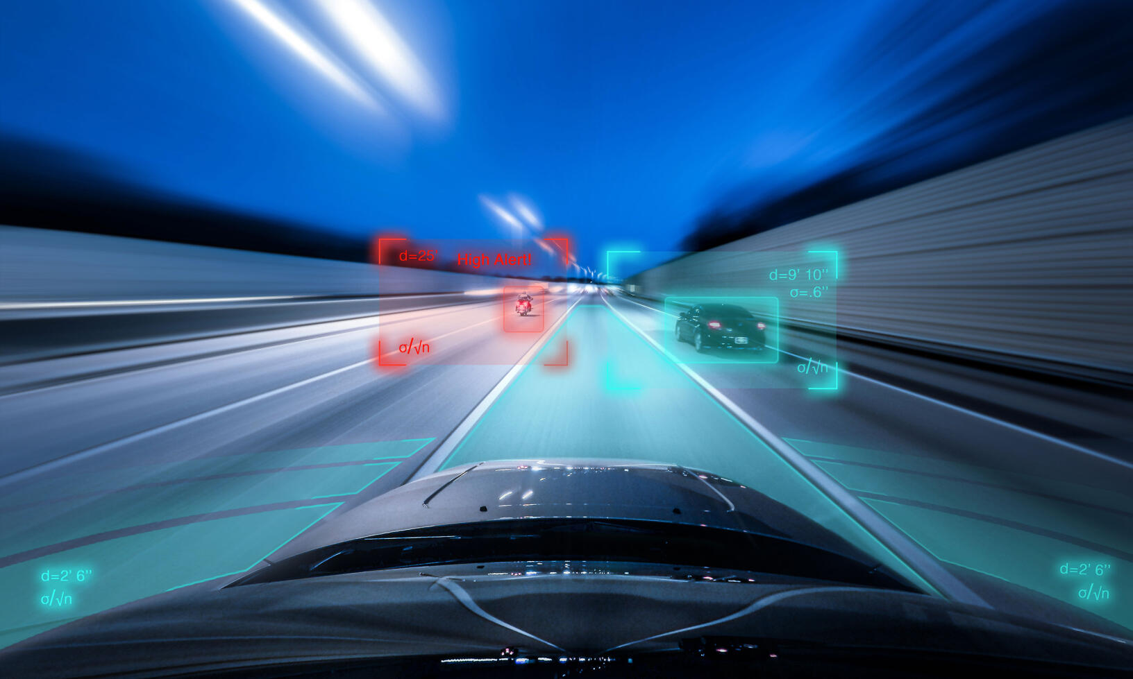 En bil kör på en motorväg på natten. (AI text)