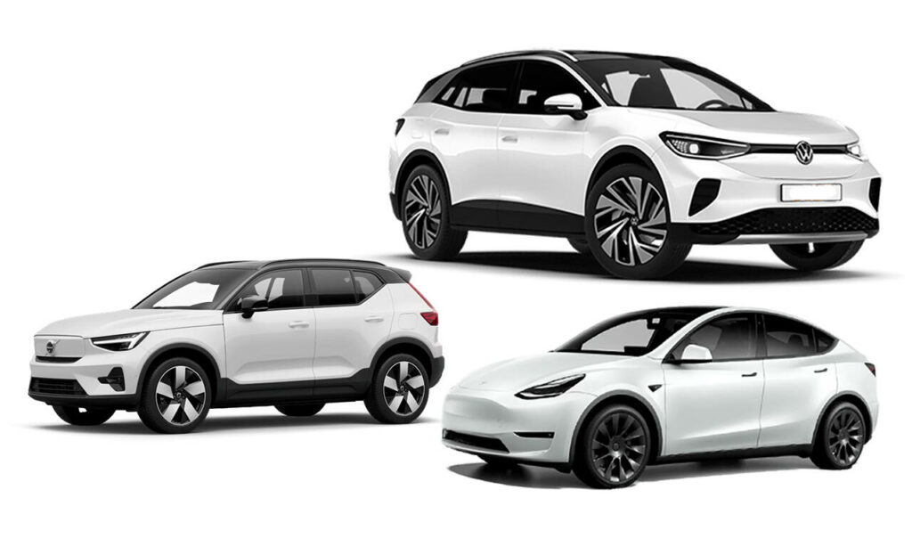 2022 års mest nyregistrerade elbilar i Sverige: Volkswagen ID. 4, Volvo XC40 och Tesla Model Y.