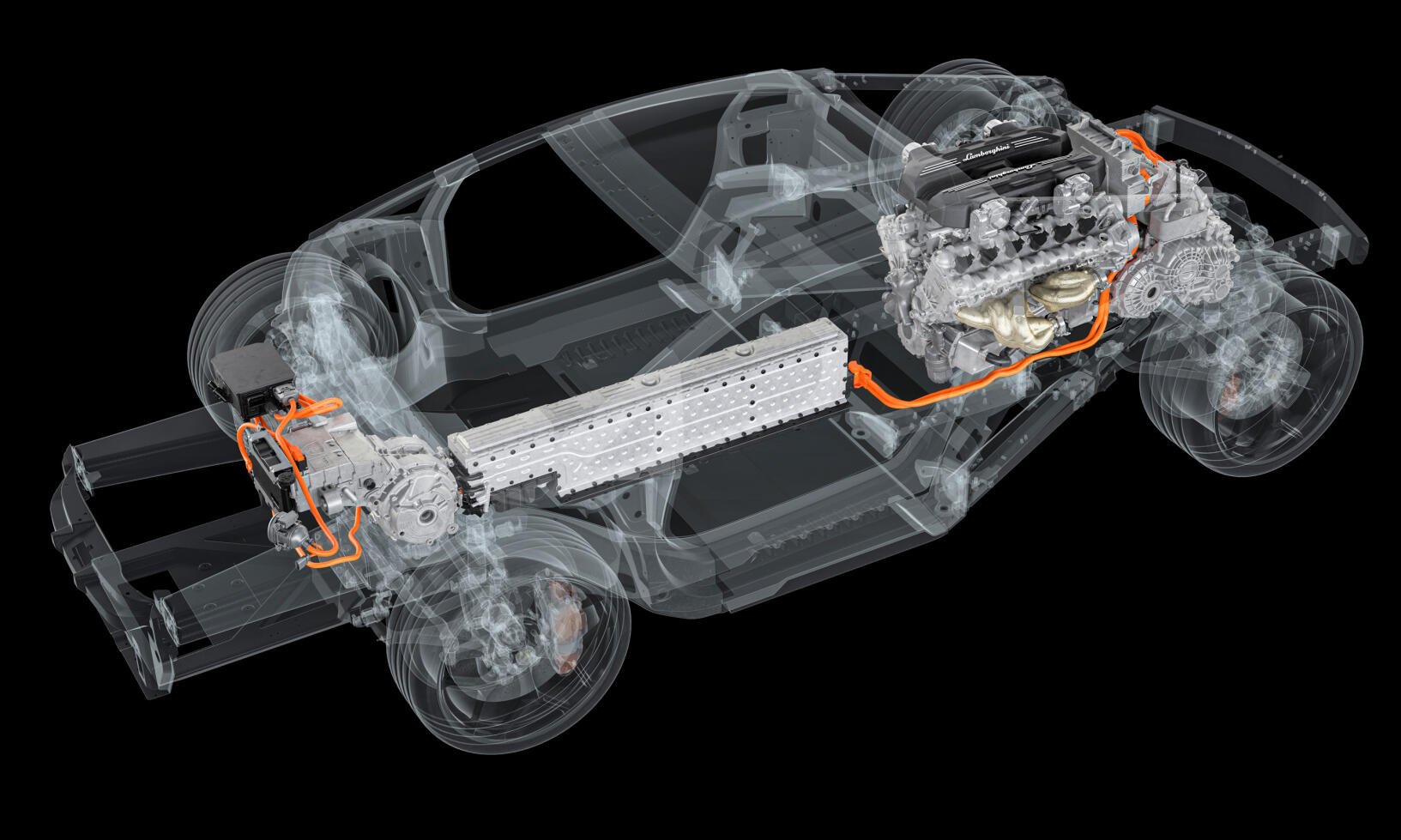 Två elmotorer fram, batteri i ”kardantunneln”, ny V12:a och en elmotor kopplad till växellådan längst bak.