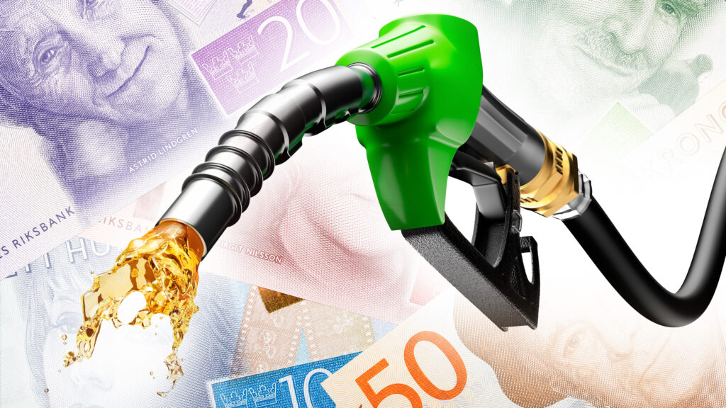 En bränslepump med en grön spruta och en dollarlapp (AI text)