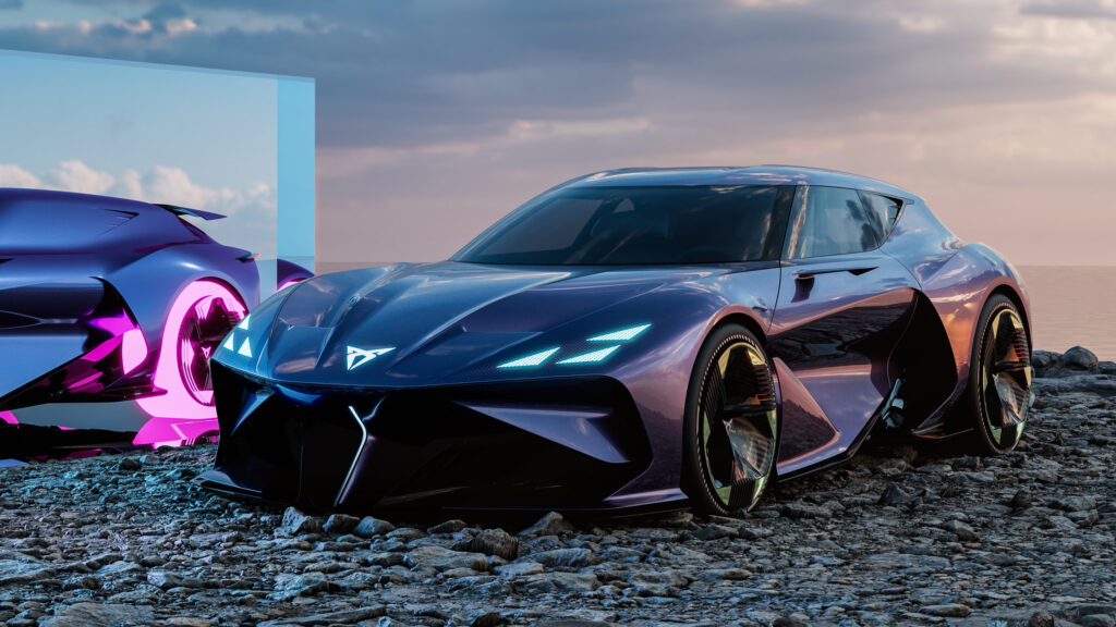 En framtida bil står parkerad på en klippa. (AI text)