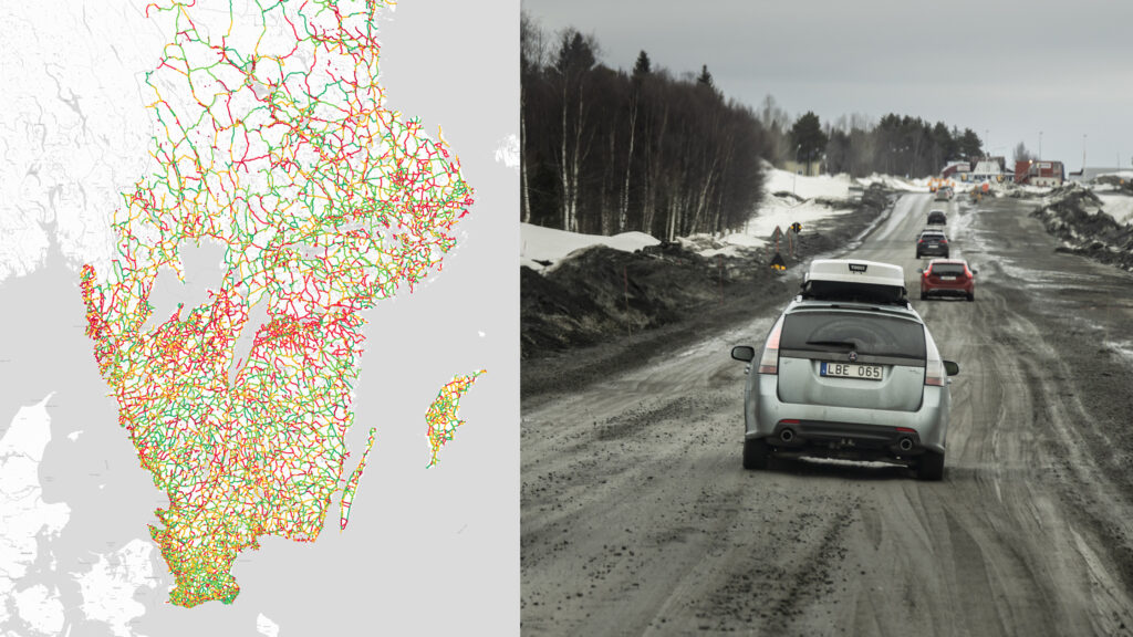 En bil kör nedför en väg med en karta över landet i bakluckan. (AI text)