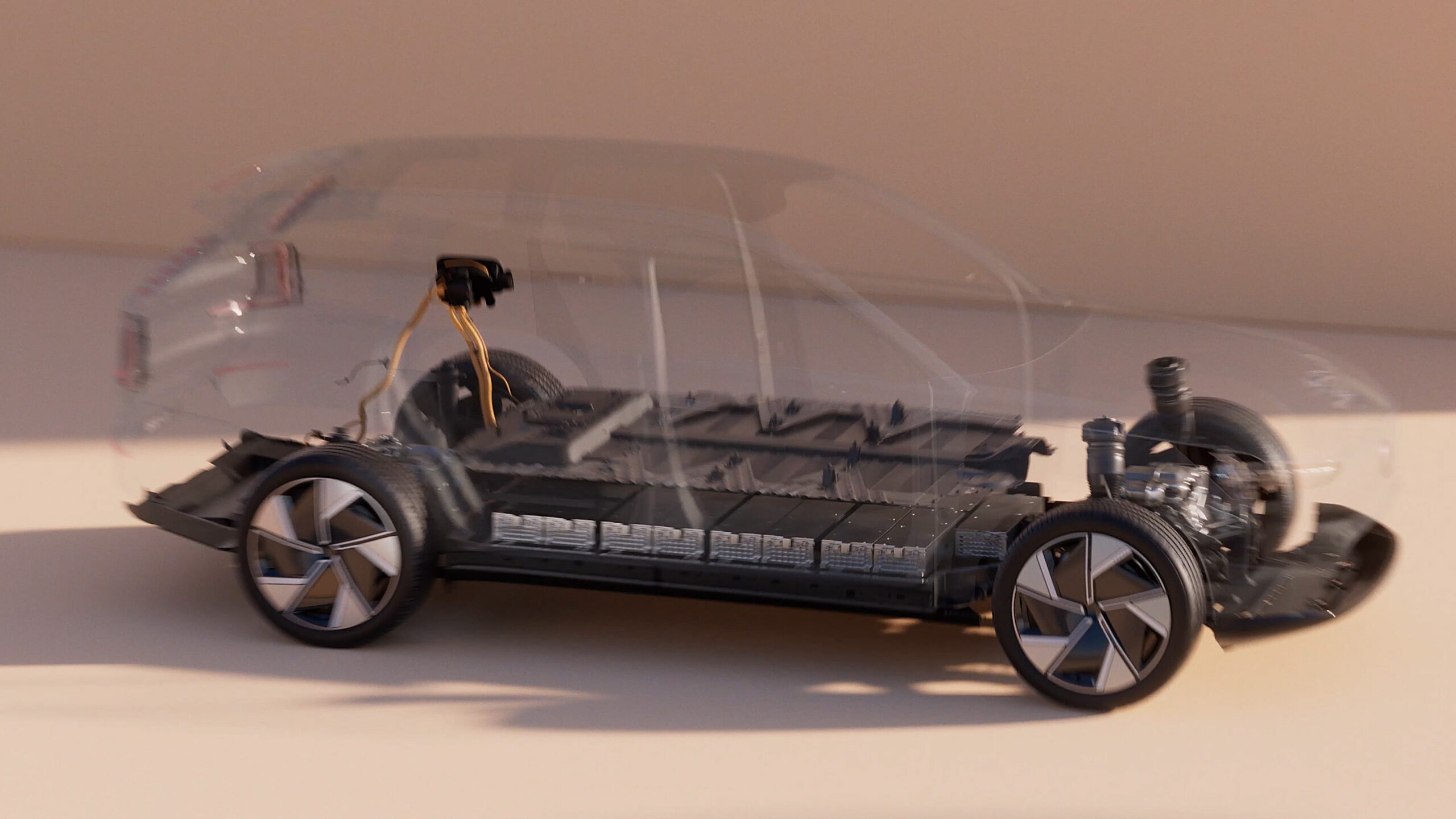 En bil med ett genomskinligt chassi. (AI text)