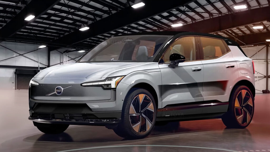 Volvo XC90 står parkerad i en garage. (AI text)