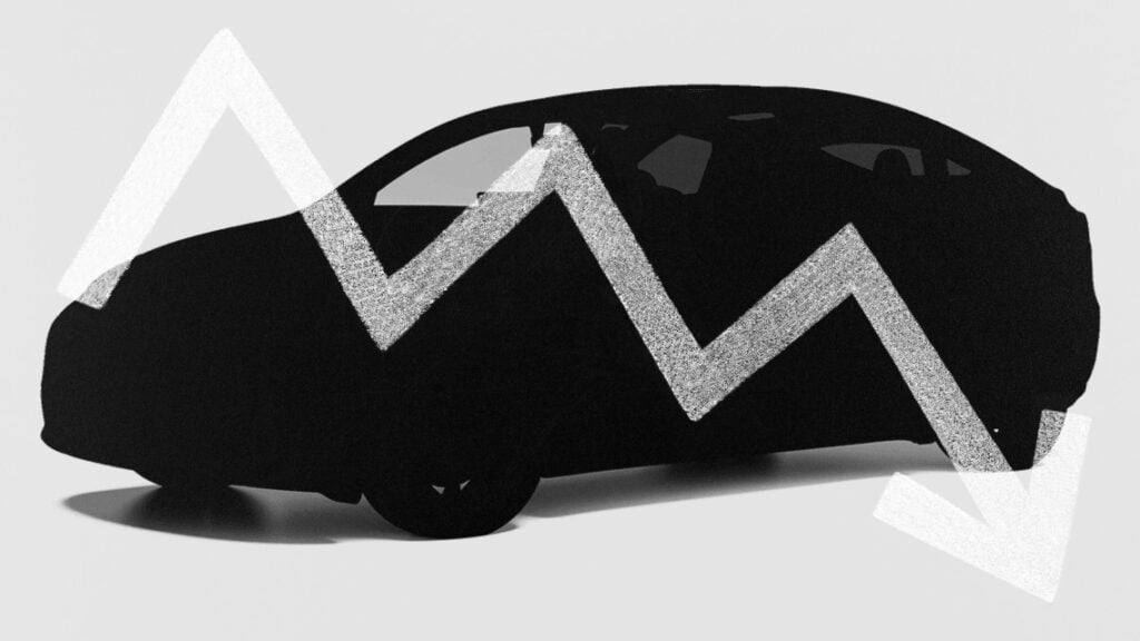 En bil med en pil som pekar neråt. (AI text)