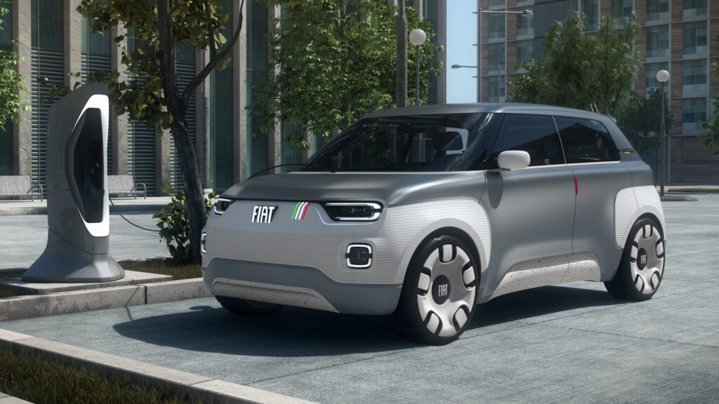 En framtida elbil parkerad framför ett byggnad. (AI text)