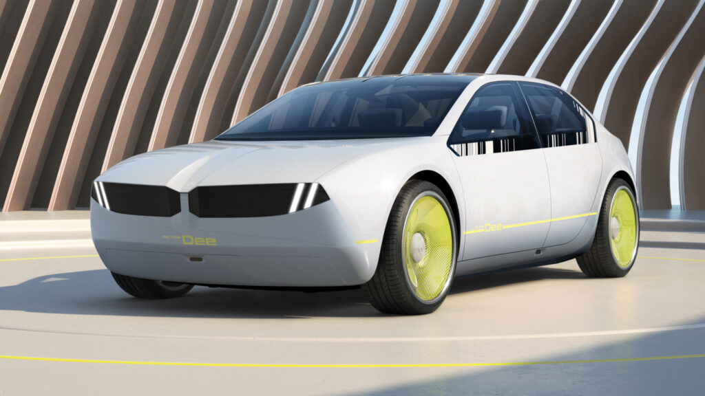 En framtida bil med en gult räcke. (AI text)