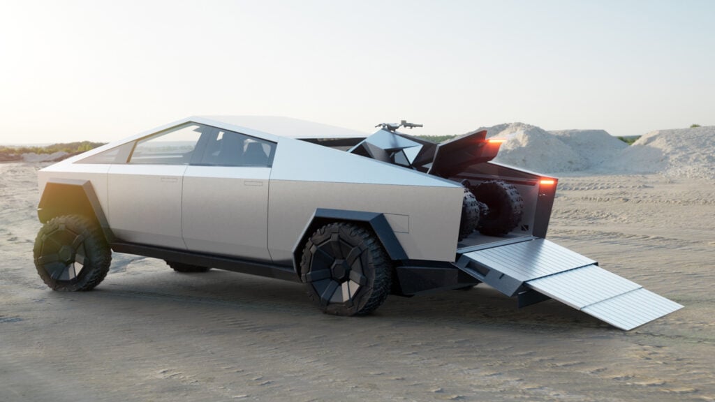 En bil med en släp på en strand. (AI text)