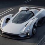 En framtida bil står parkerad på en gata. (AI text)