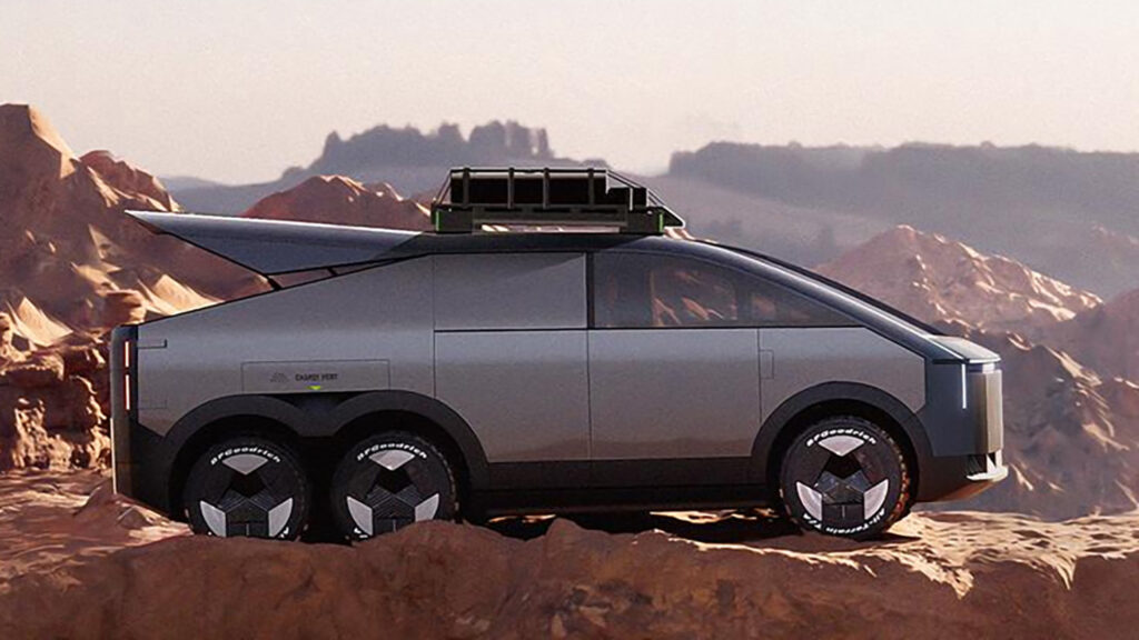 En framtida bil står parkerad på en backe. (AI text)