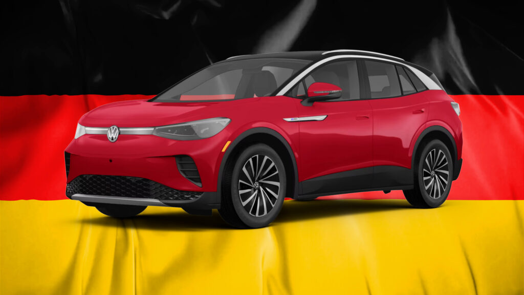 En röd BMW i3 på det tyska flagget. (AI text)