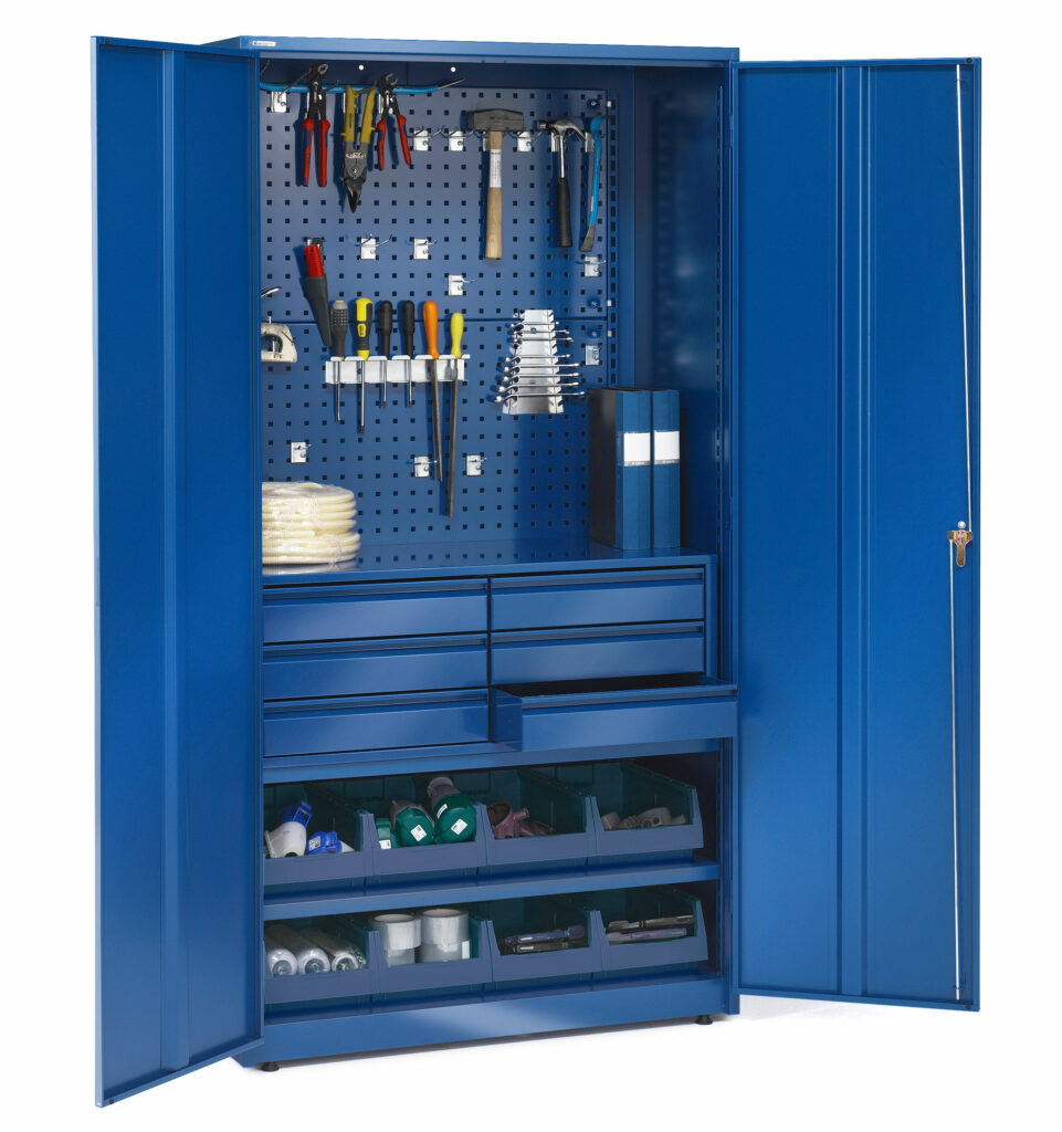 En blå metallskåp med verktyg och verktyg. (AI text)