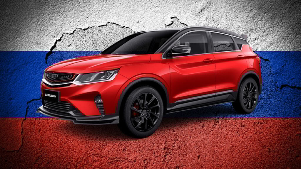 En röd SUV på en rysk flaggbakgrund (AI text)