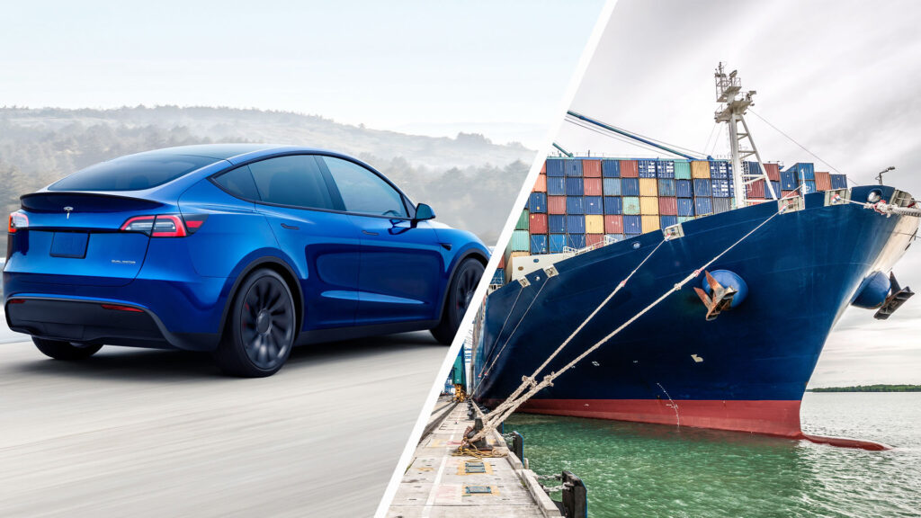 En Tesla Model S kör på vägen bredvid en containership. (AI text)