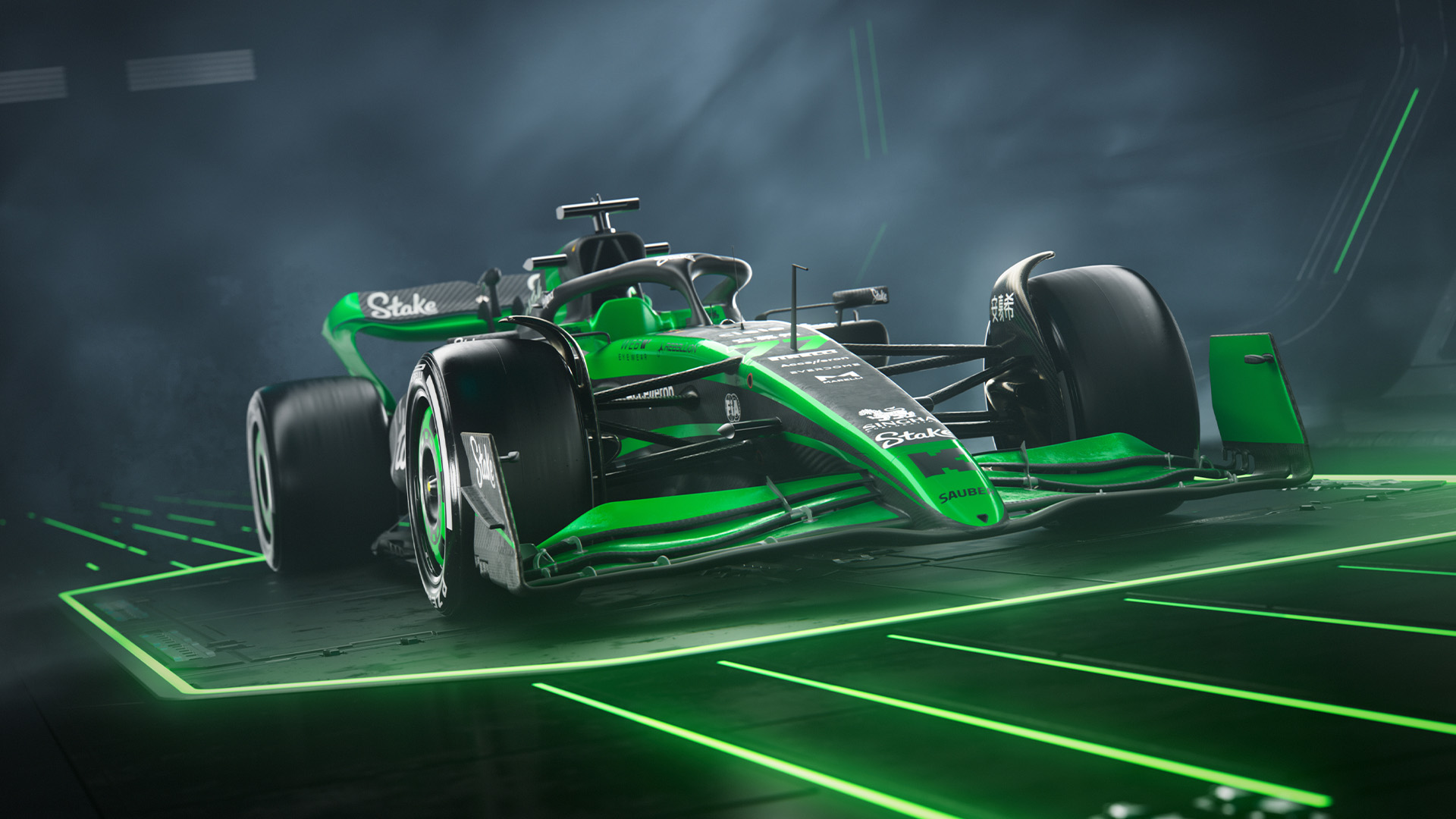 En grön racerbil kör på en bana. (AI text)