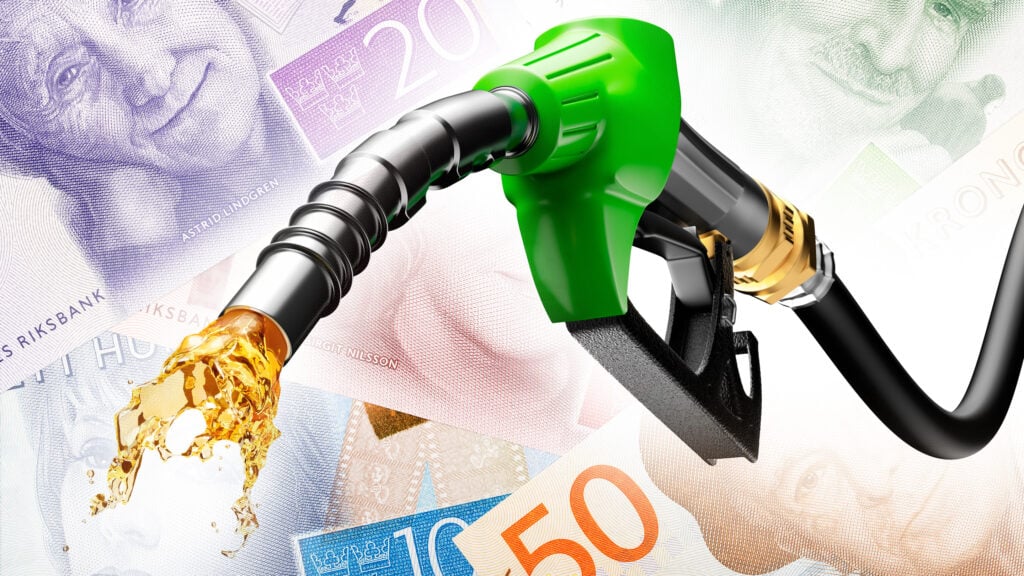 En bränslepump med en grönt flaska och en gröngråa sedel (AI text)