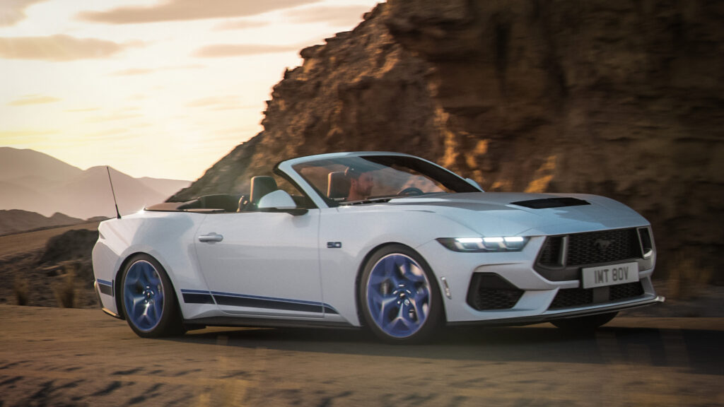 Den 2019 års Ford Mustang SRT cabriolet kör nerför en bergsväg. (AI text)