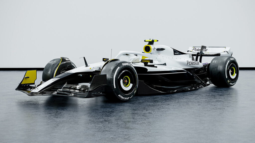 En vit och svart racerbil i ett vitt rum. (AI text)