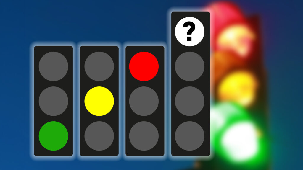 En trafikljus med en frågetecken på det. (AI text)