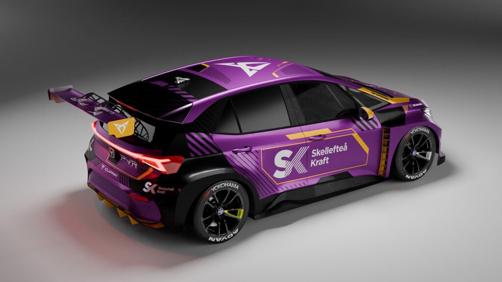 En lila och gul racerbil (AI text)