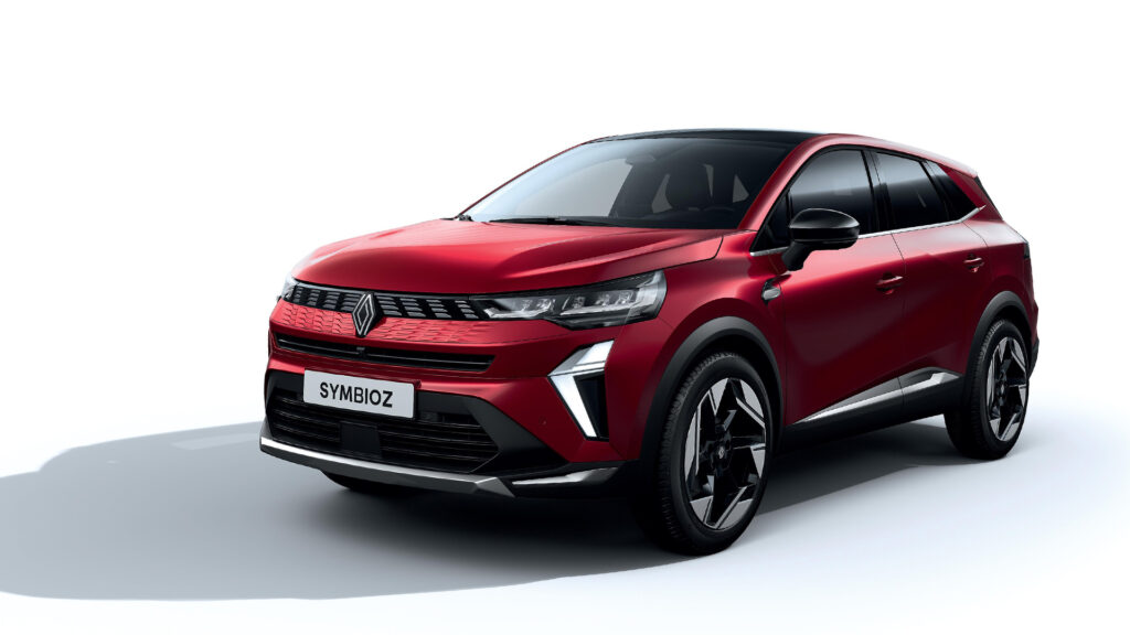 En röd SUV på ett vitt bakgrund. (AI text)