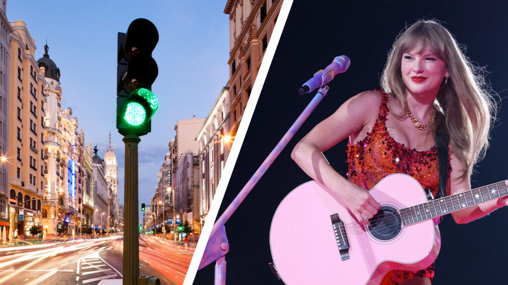 Taylor Swift och en person på gatan (AI text)