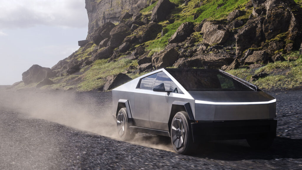 En framtida bil kör nerför en stenig väg. (AI text)