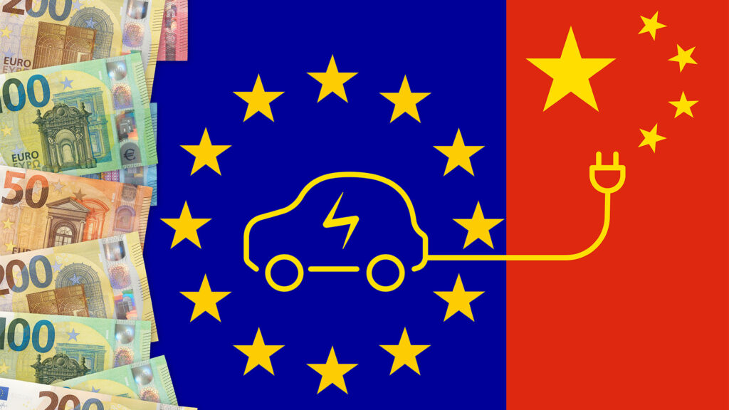 En bil är uppkopplad till en vägguttag och visas två valutor, euro och kinesisk yuan. (AI text)