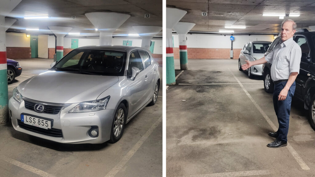 Två bilar i en garagehall. (AI text)