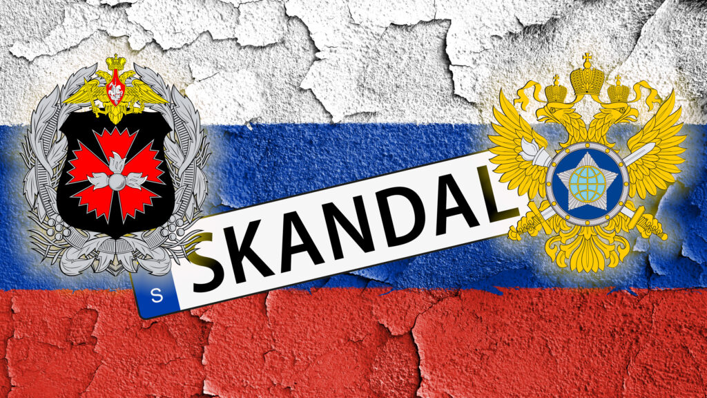 ryska flaggan och skandalflagga på en vägg (AI text)