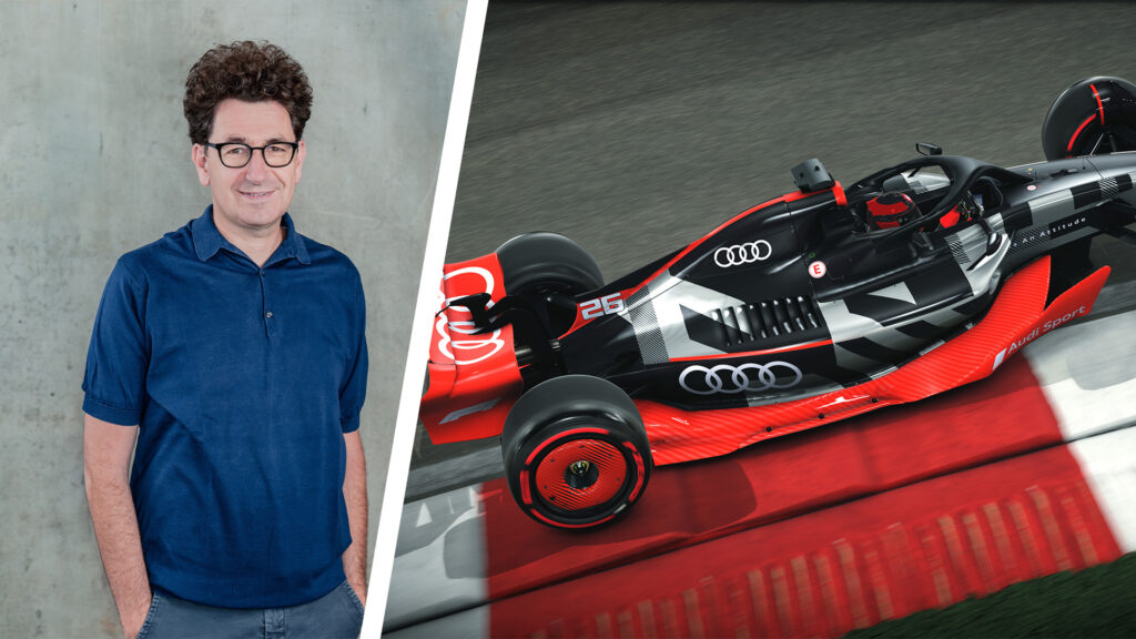 Audi F1-bil i garaget (AI text)